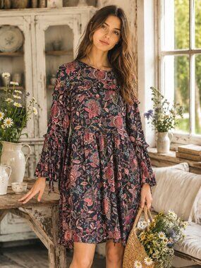 LOFT Ruffle Detail Long Sleeve Mid Length Boho Cottagecore Prairie Dress Sz 6